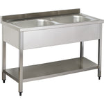 Commercial Sink Stainless steel 2 bowls Bottom shelf Splashback 1000mm Depth 700mm - THSTR107BM2
