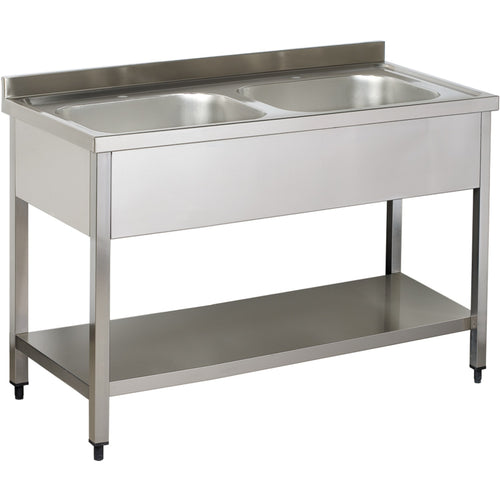 Commercial Sink Stainless steel 2 bowls Bottom shelf Splashback 1200mm Depth 700mm - THSTR127BM2