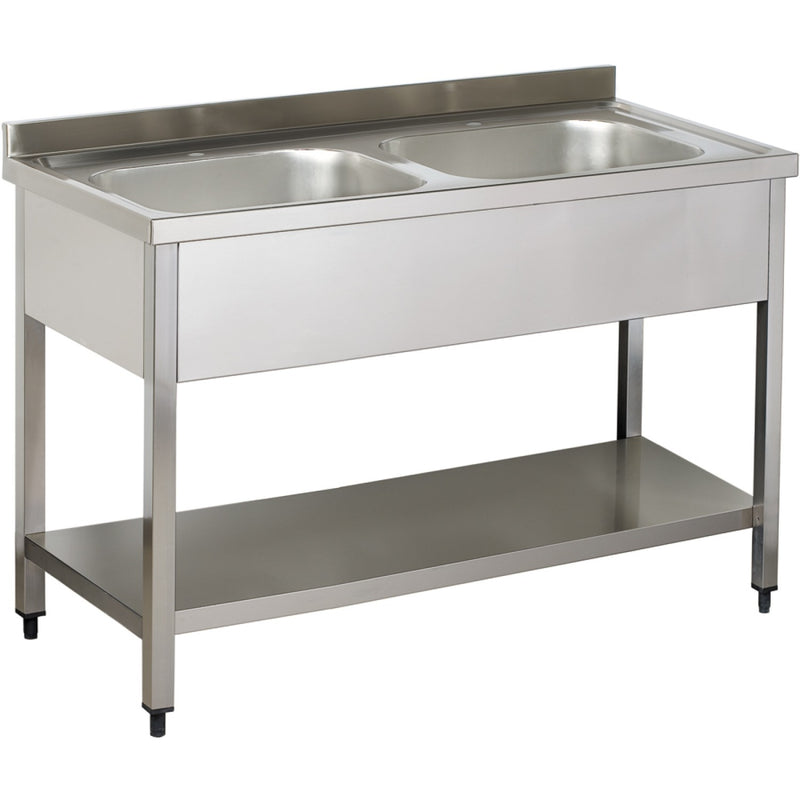 Commercial Sink Stainless steel 2 bowls Bottom shelf Splashback 1200mm Depth 700mm - THSTR127BM2