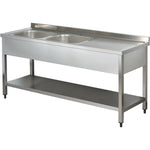 Commercial Sink Stainless steel 2 bowls Left Bottom shelf Splashback 1600mm Depth 700mm - THSTR167BL2