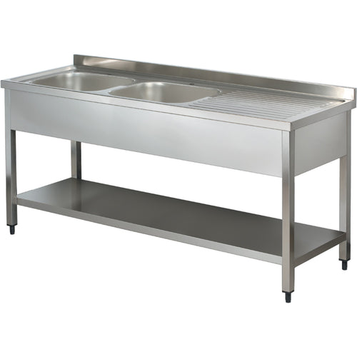 Commercial Sink Stainless steel 2 bowls Left Bottom shelf Splashback 1600mm Depth 700mm - THSTR167BL2