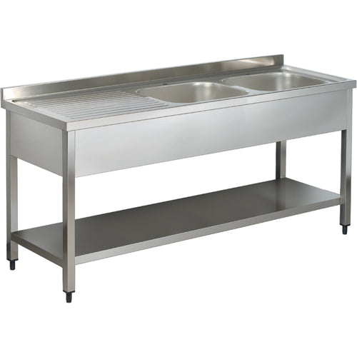 Commercial Sink Stainless steel 2 bowls Right Bottom shelf Splashback 1400mm Depth 700mm - THSTR147BR2