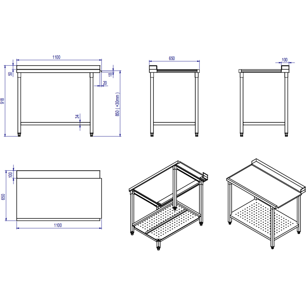 Unloading table Left side 1100x650x850mm With bottom shelf With splashback Stainless steel - SWB11065L