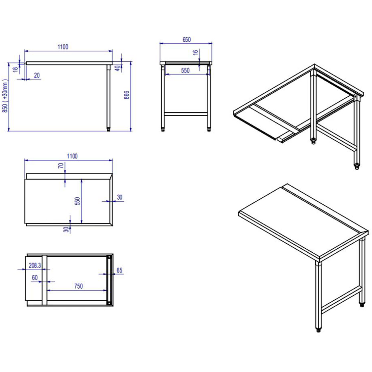 Unloading table Left side 1100x650x850mm No bottom shelf No splashback Stainless steel - SWT11065L