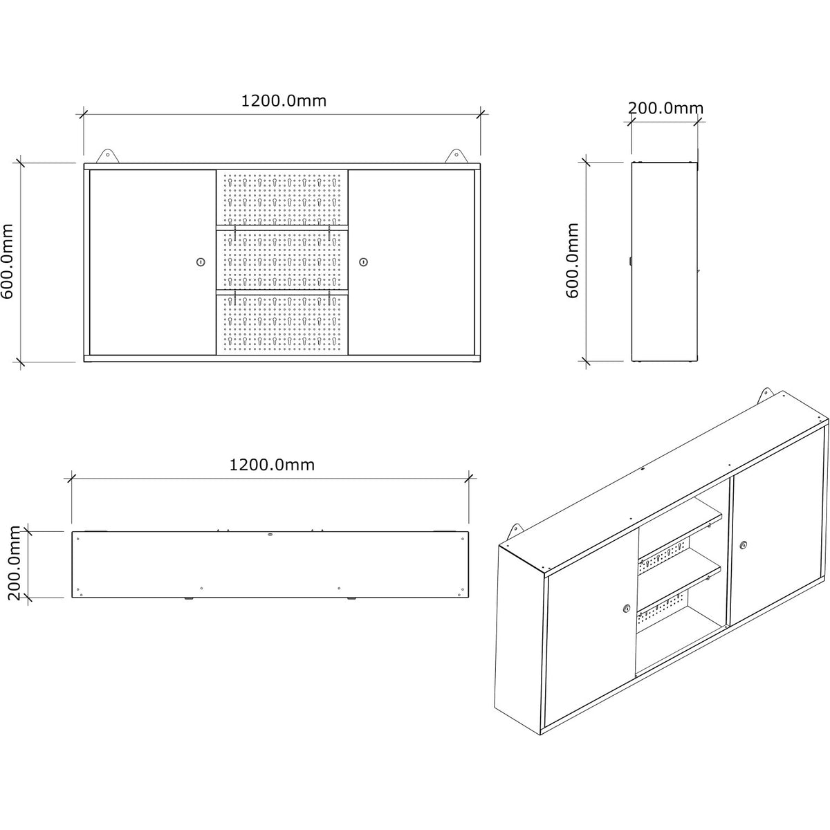 Professional Grey and Black Wall Mounted Double Door Tool Cabinet with Open Shelf/Rack and Key 1200x200x600mm - TC003