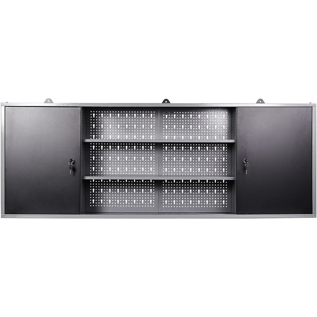 Professional Grey and Black Wall Mounted Double Door Tool Cabinet with Open Shelf/Rack and Key 1600x200x600mm - TC003A