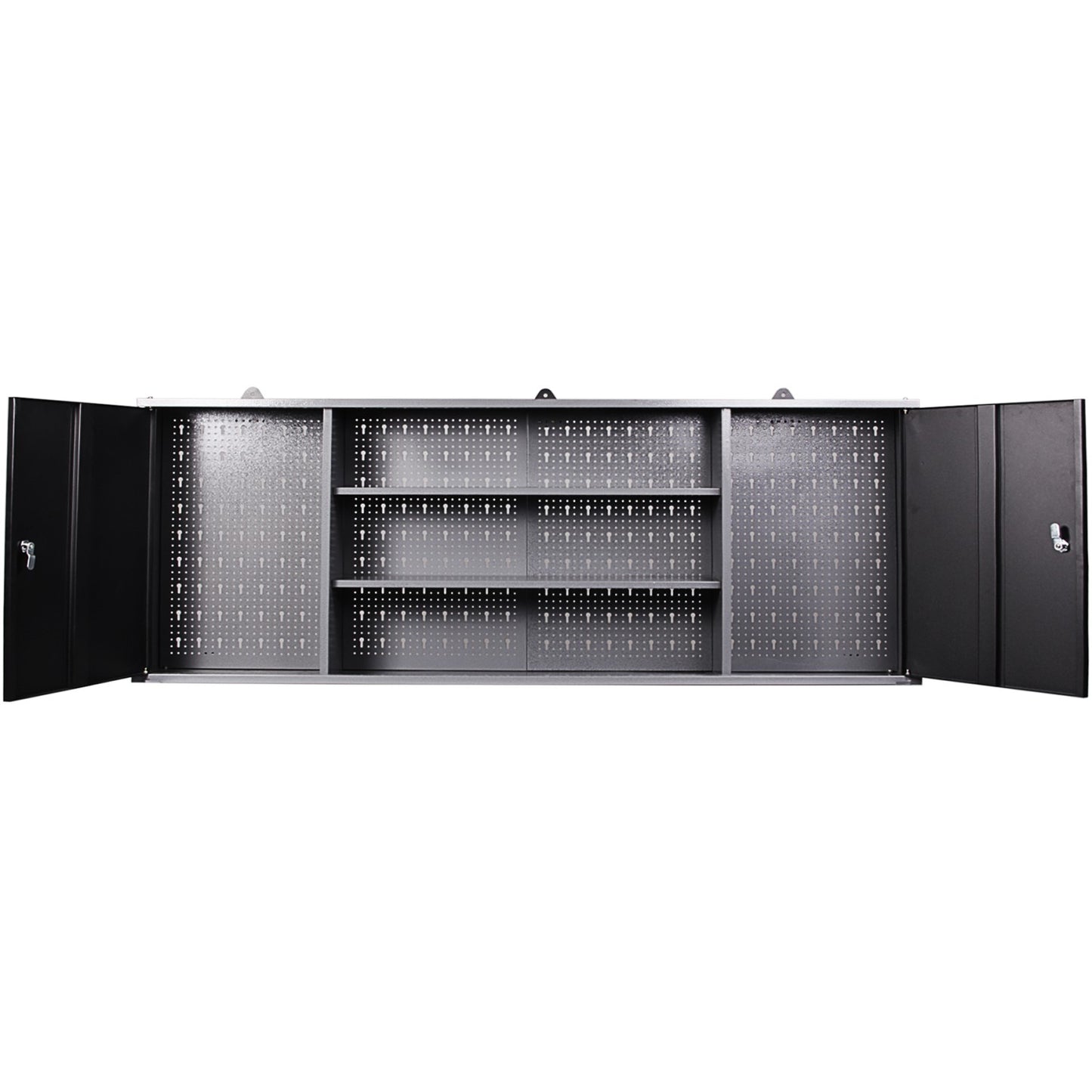 Professional Grey and Black Wall Mounted Double Door Tool Cabinet with Open Shelf/Rack and Key 1600x200x600mm - TC003A