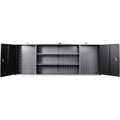 Professional Grey and Black Wall Mounted Double Door Tool Cabinet with Open Shelf/Rack and Key 1600x200x600mm - TC003A