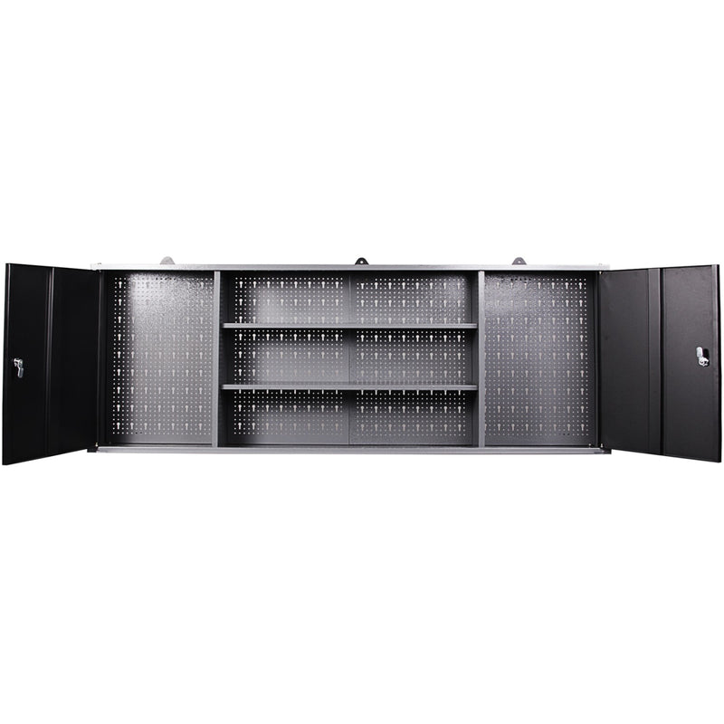 Professional Grey and Black Wall Mounted Double Door Tool Cabinet with Open Shelf/Rack and Key 1600x200x600mm - TC003A