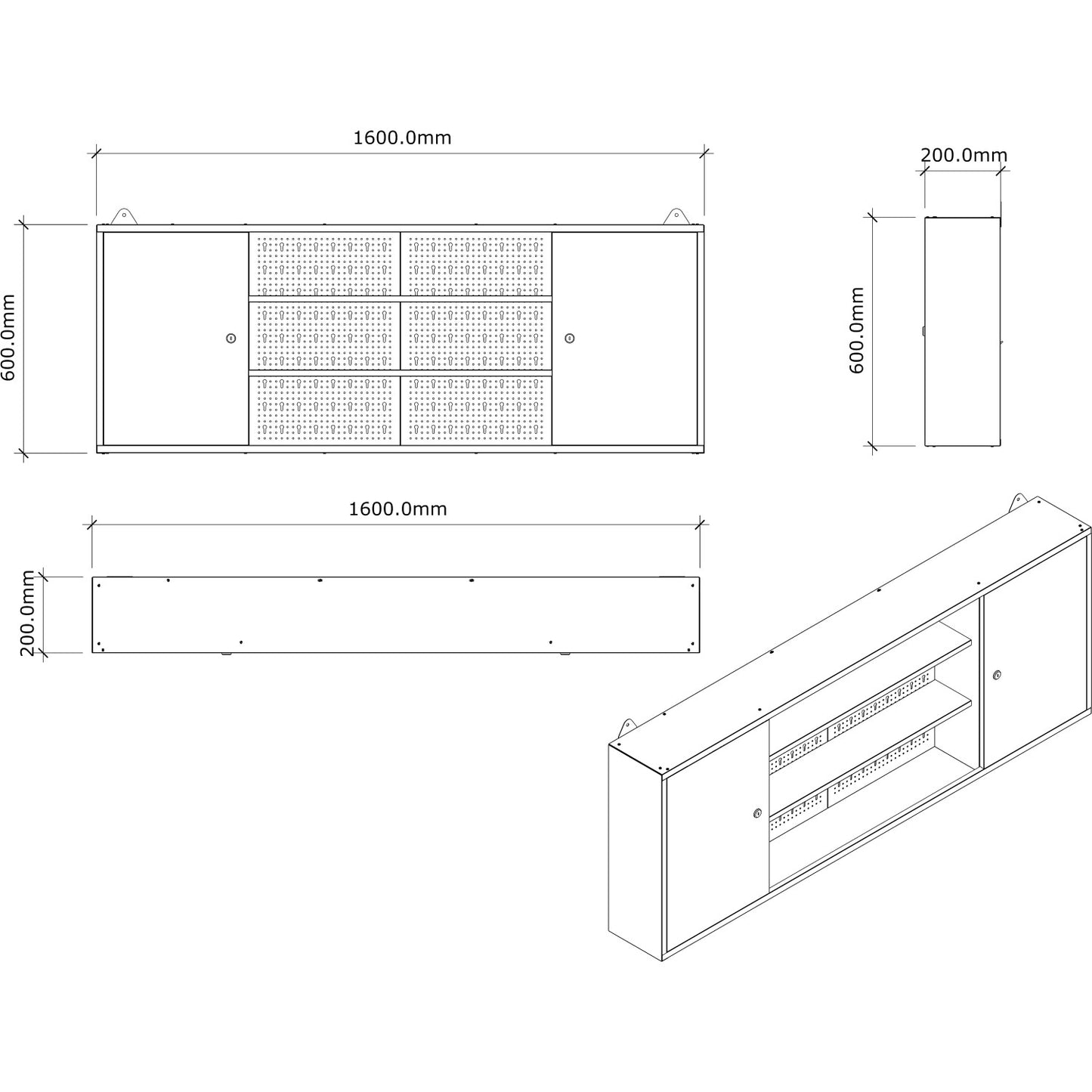 Professional Grey and Black Wall Mounted Double Door Tool Cabinet with Open Shelf/Rack and Key 1600x200x600mm - TC003A