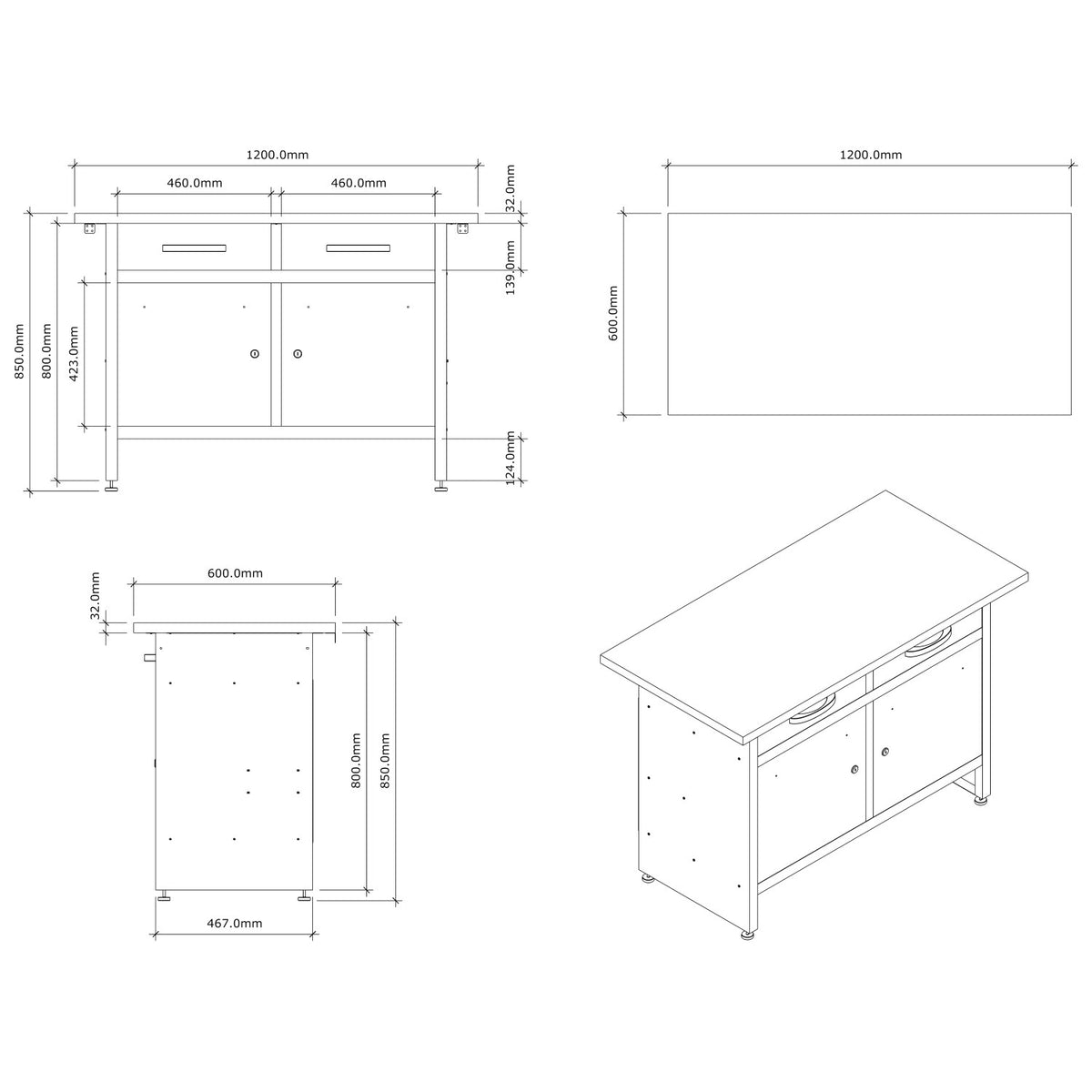 Professional Grey and Black Workshop Workbench with 30mm Wooden Desktop, Drawers and Lockable Doors 1200x600x850mm - TC006