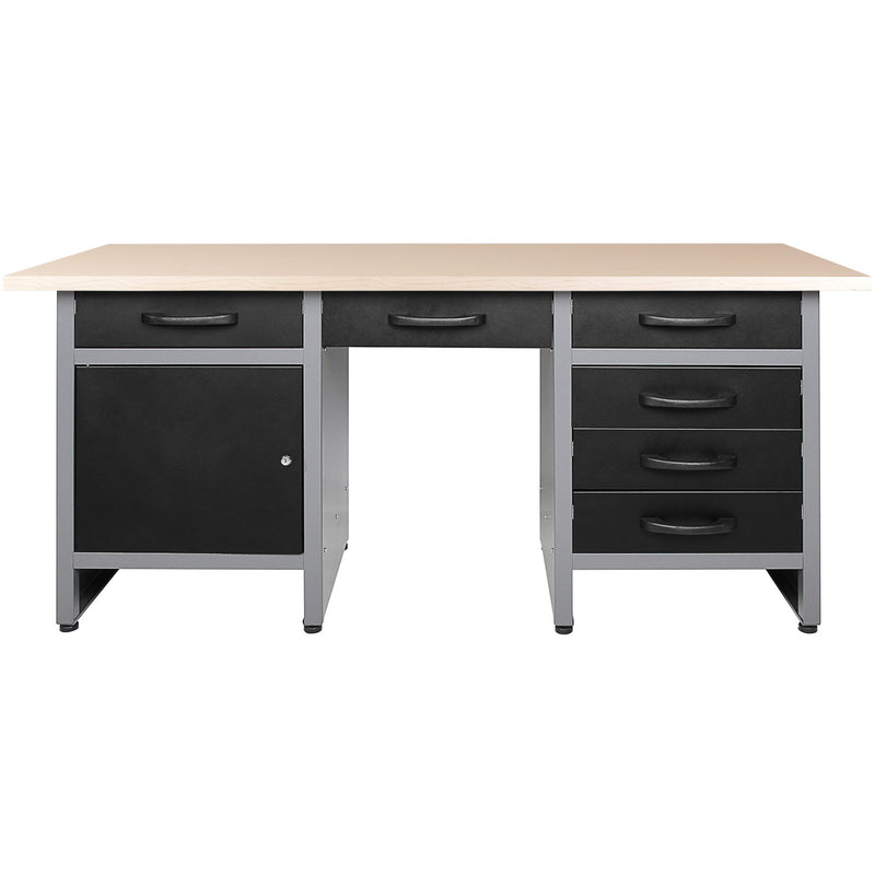 Professional Grey and Black Workshop Workbench with 30mm Wooden Desktop, 6 Drawers and Lockable Door 1600x600x850mm - TC007