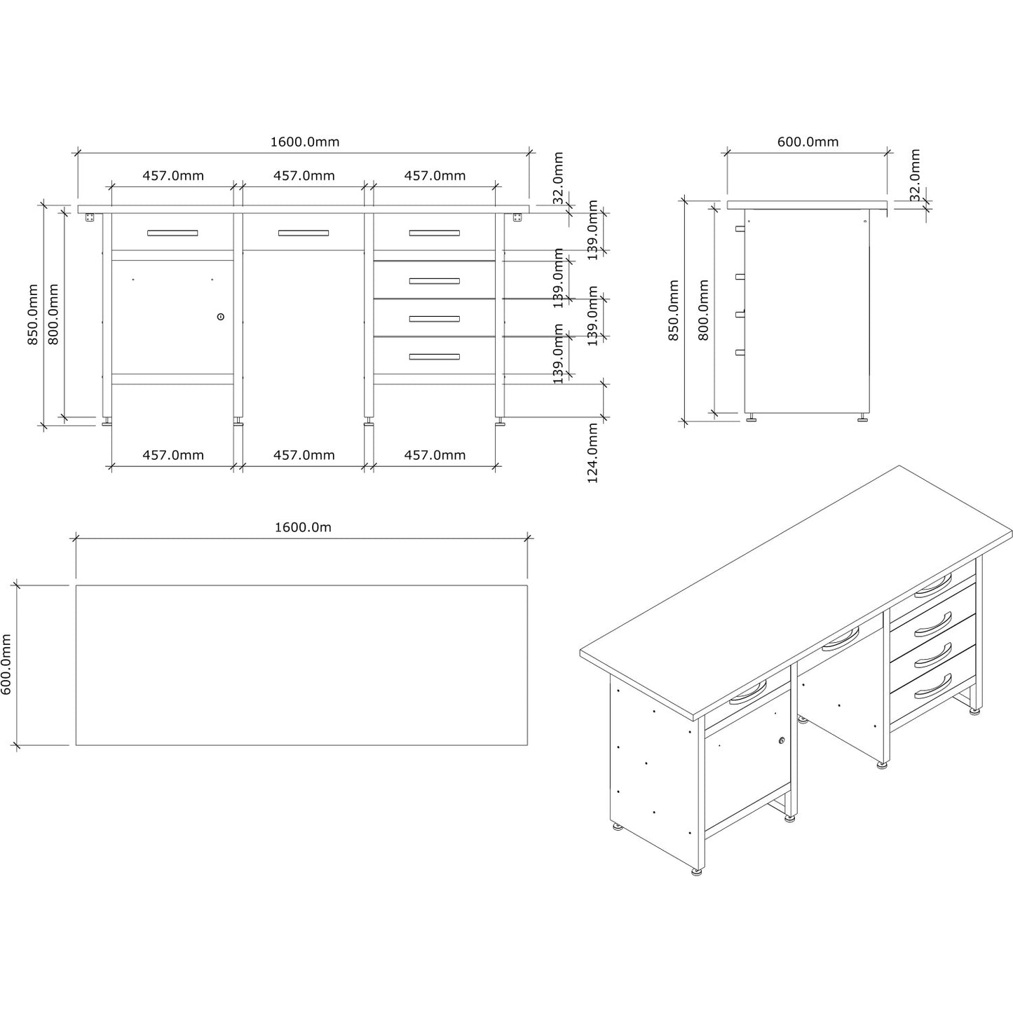 Professional Grey and Black Workshop Workbench with 30mm Wooden Desktop, 6 Drawers and Lockable Door 1600x600x850mm - TC007
