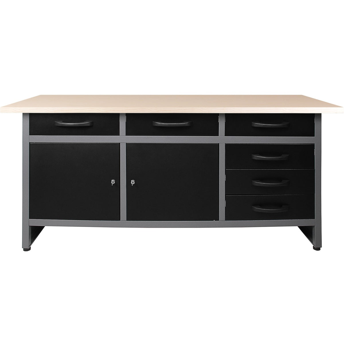 Professional Grey & Black Workshop Workbench with 30mm wooden desktop 6 drawers & 2 lockable doors 1600x600x850mm - TC008