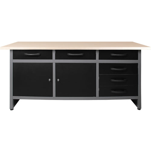 Professional Grey & Black Workshop Workbench with 30mm wooden desktop 6 drawers & 2 lockable doors 1600x600x850mm - TC008