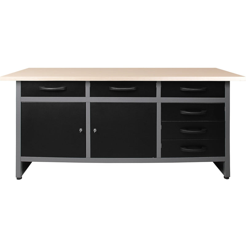 Professional Grey & Black Workshop Workbench with 30mm wooden desktop 6 drawers & 2 lockable doors 1600x600x850mm - TC008
