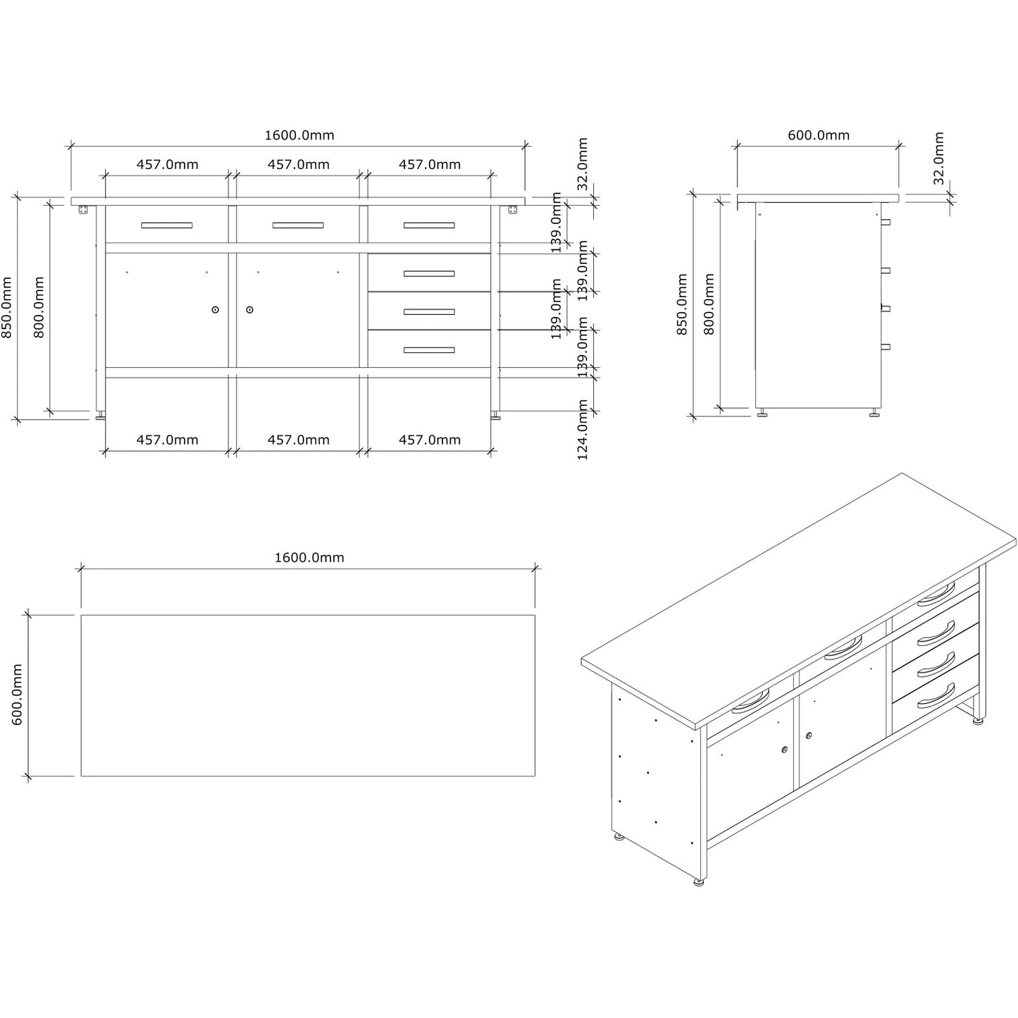 Professional Grey & Black Workshop Workbench with 30mm wooden desktop 6 drawers & 2 lockable doors 1600x600x850mm - TC008