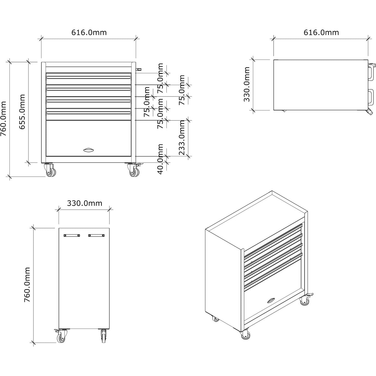 Professional Grey and Black Tool Drawer Cabinet with 4 Drawers and Locker Design 616x330x760mm - TC027