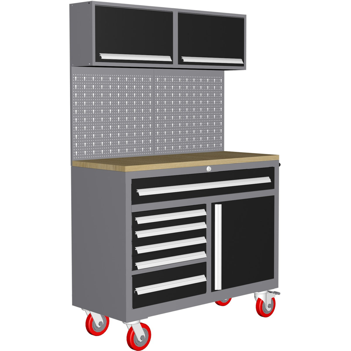 Garage Workstation Set - with Wooden Desktop, 6 Drawers, 2 Top tool cabinets, and 1 lower cupboard, 1200x500x1870mm - TC063