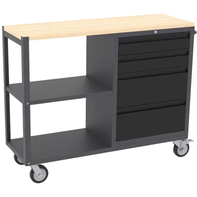 Professional Mobile Grey and Black Tool Cabinet with 4 Drawers and 2 Shelves Wooden Worktop 1480x500x1000mm - TC097