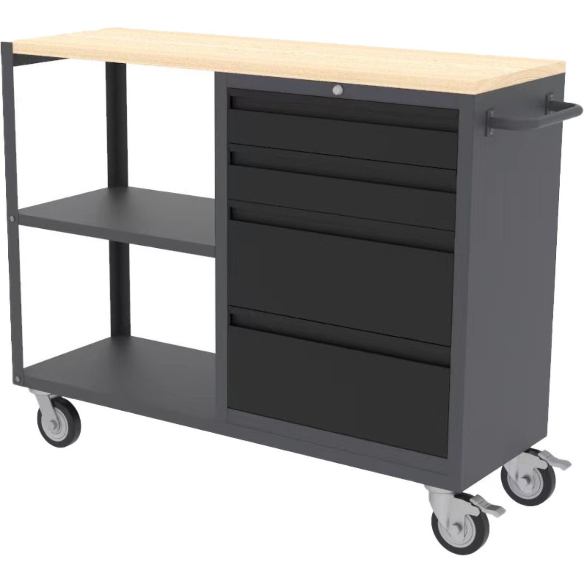 Professional Mobile Grey and Black Tool Cabinet with 4 Drawers and 2 Shelves Wooden Worktop 1480x500x1000mm - TC097