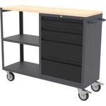 Professional Mobile Grey and Black Tool Cabinet with 4 Drawers and 2 Shelves Wooden Worktop 1480x500x1000mm - TC097