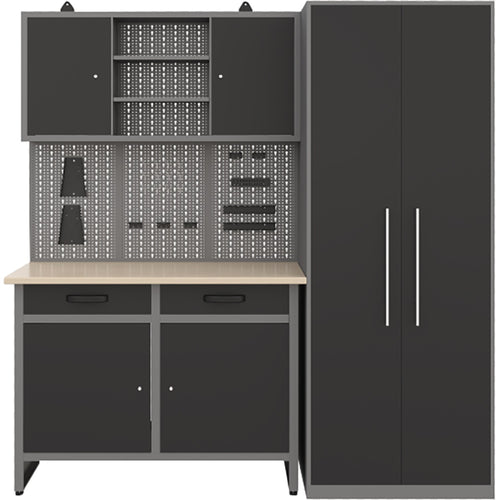 Garage Workstation Set - with Wooden Desktop, 5 Drawers, 2 Cupboards, and 1 Cabinet, 2100x600x2050 - TC117
