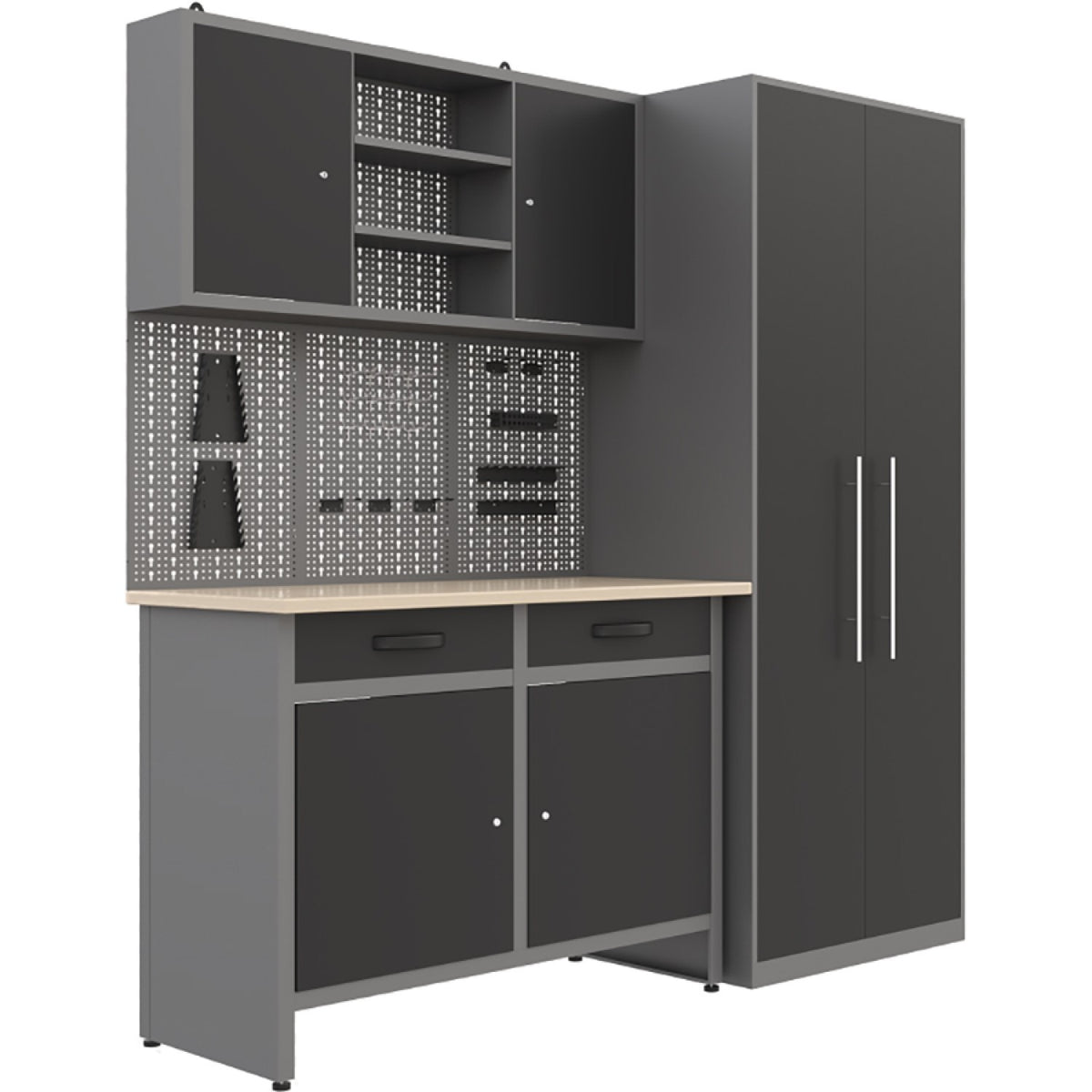 Garage Workstation Set - with Wooden Desktop, 5 Drawers, 2 Cupboards, and 1 Cabinet, 2100x600x2050 - TC117