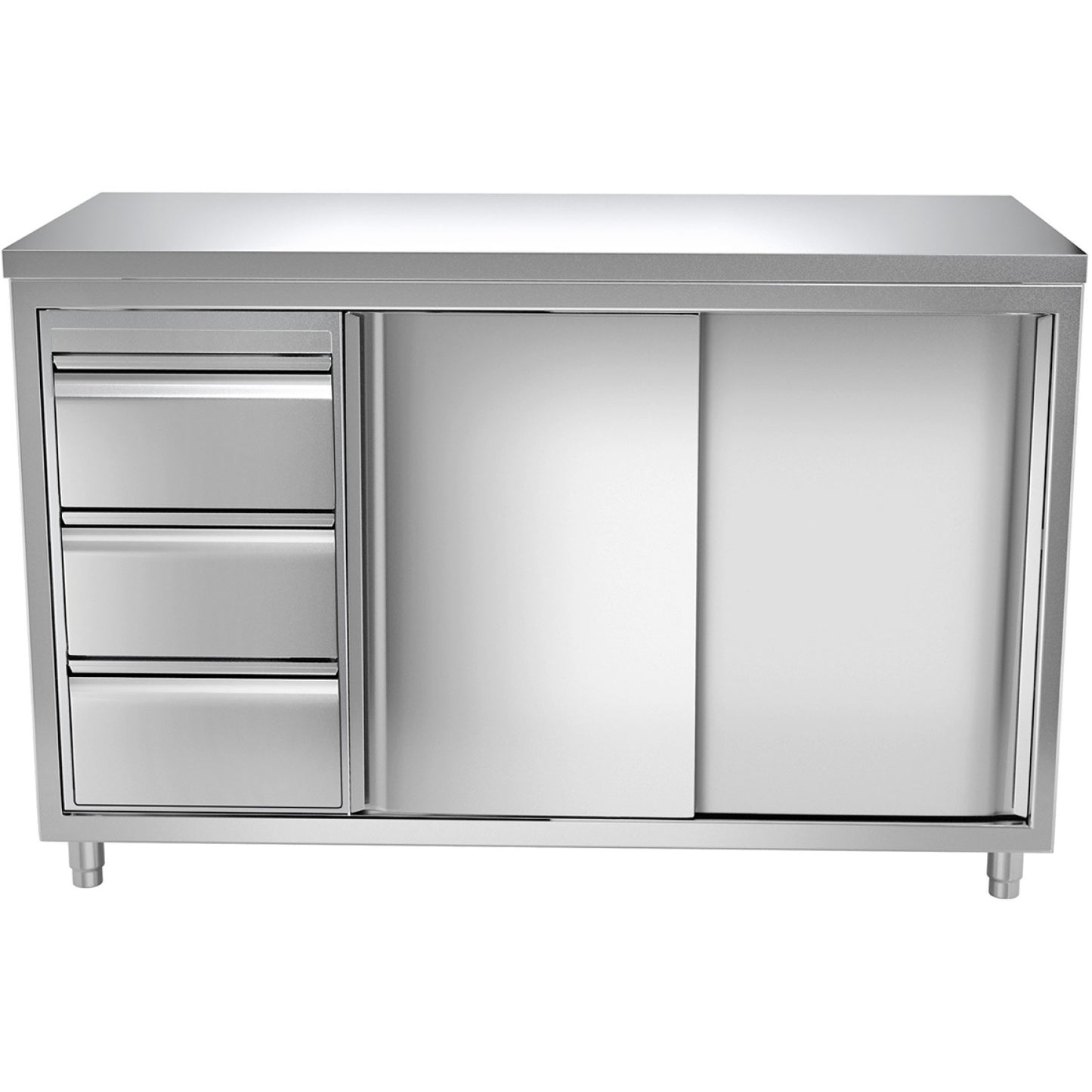Commercial Worktop Floor Cupboard 3 drawers Left 2 sliding doors Stainless steel Width 1600x600x850mm - VTC166L3