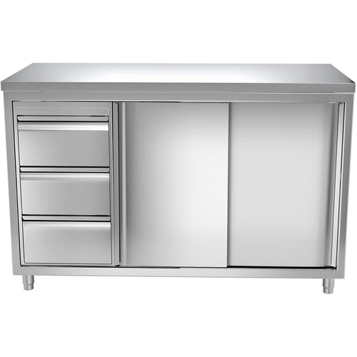Commercial Worktop Floor Cupboard 3 drawers Left 2 sliding doors Stainless steel Width 1600x700x850mm - VTC167L3