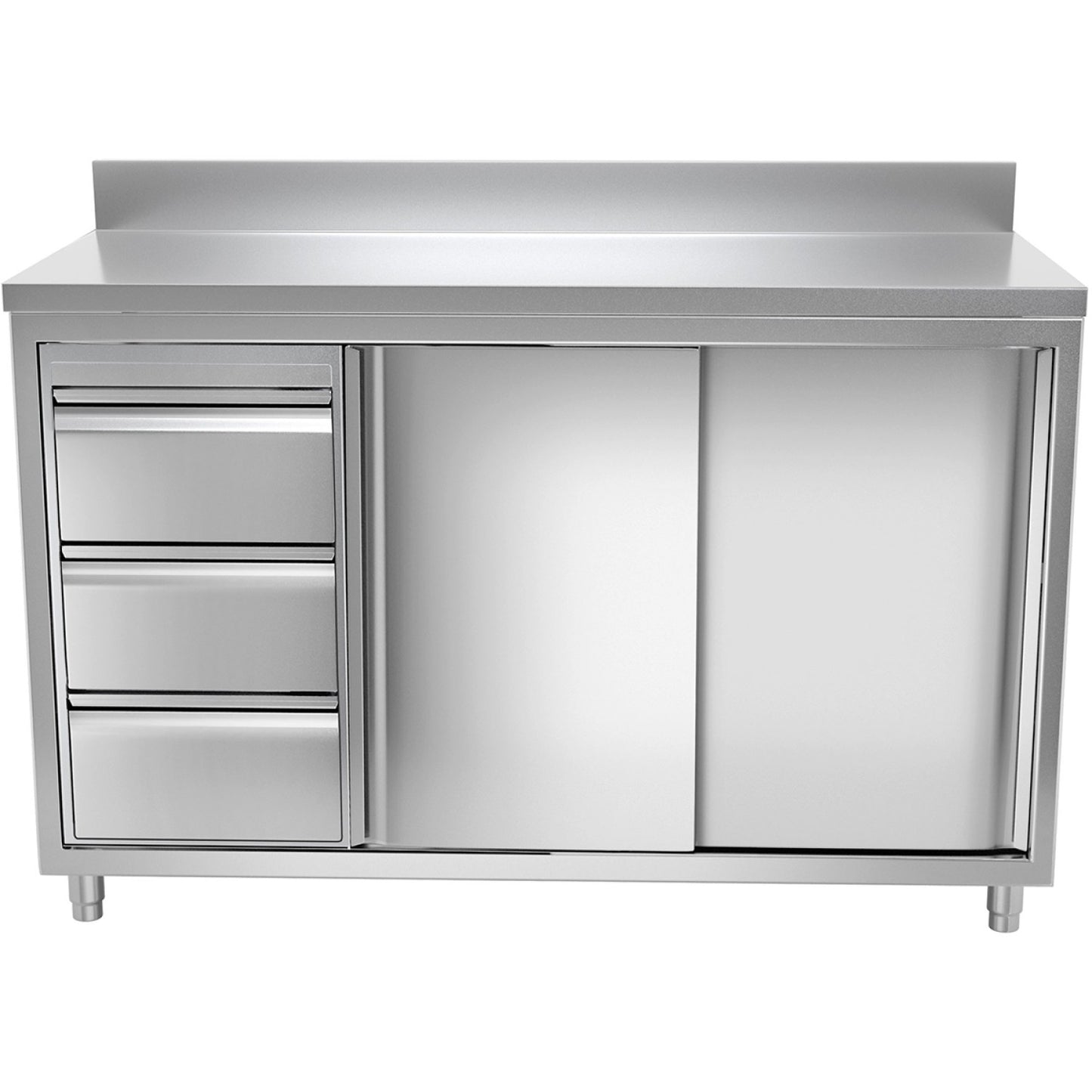 Commercial Worktop Floor Cupboard 3 drawers Left 2 sliding doors Stainless steel Width 1600mm Depth 600mm Upstand - THASR166L3A