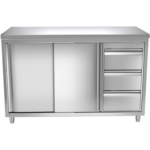 Commercial Worktop Floor Cupboard 3 drawers Right 2 sliding doors Stainless steel Width 1600mm Depth 700mm - THASR167R3