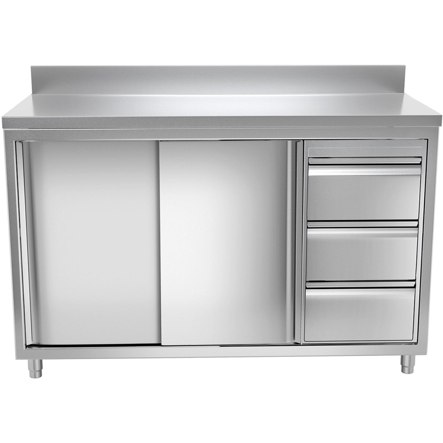 Commercial Worktop Floor Cupboard 3 drawers Right 2 sliding doors Stainless steel Width 1600mm Depth 600mm Upstand - THASR166R3A