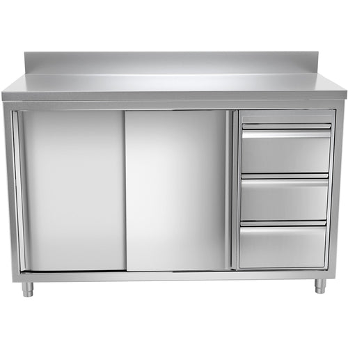 Commercial Worktop Floor Cupboard 3 drawers Right 2 sliding doors Stainless steel Width 1600mm Depth 600mm Upstand - THASR166R3A