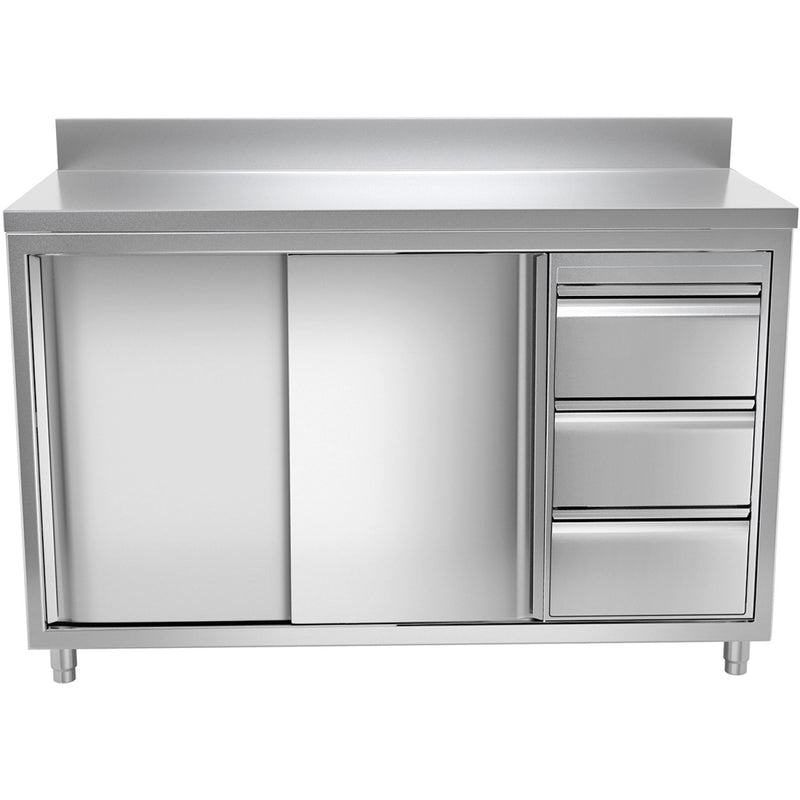 Commercial Worktop Floor Cupboard 3 drawers Right 2 sliding doors Stainless steel Width 1600mm Depth 600mm Upstand - THASR166R3A