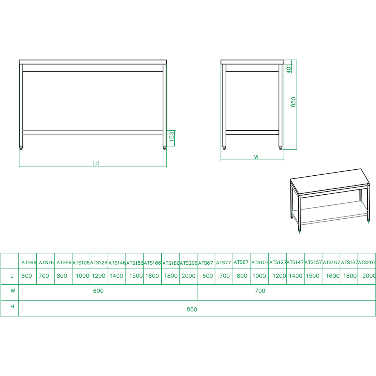 Professional Work table Stainless steel Bottom shelf 1000x600x900mm - THATS106