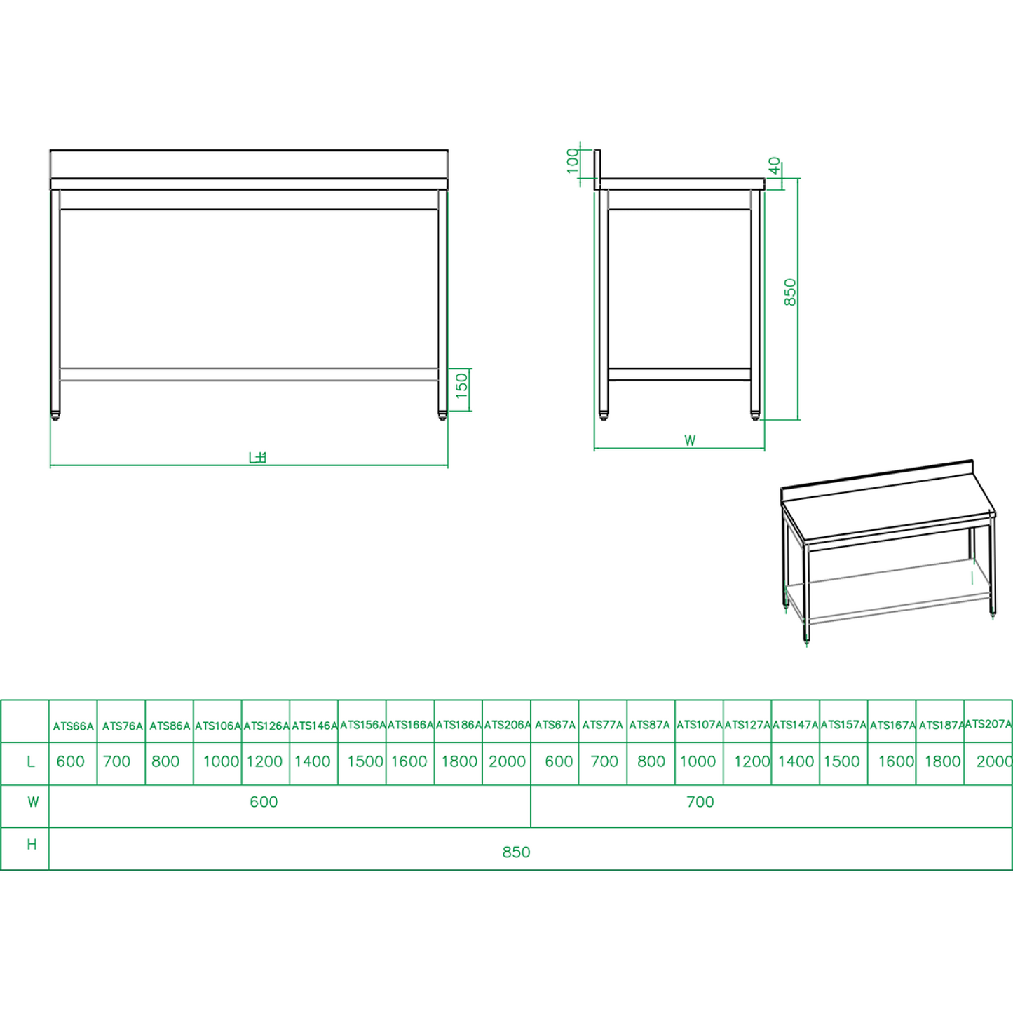 Professional Work table Stainless steel Bottom shelf Upstand 600x600x900mm - THATS66A