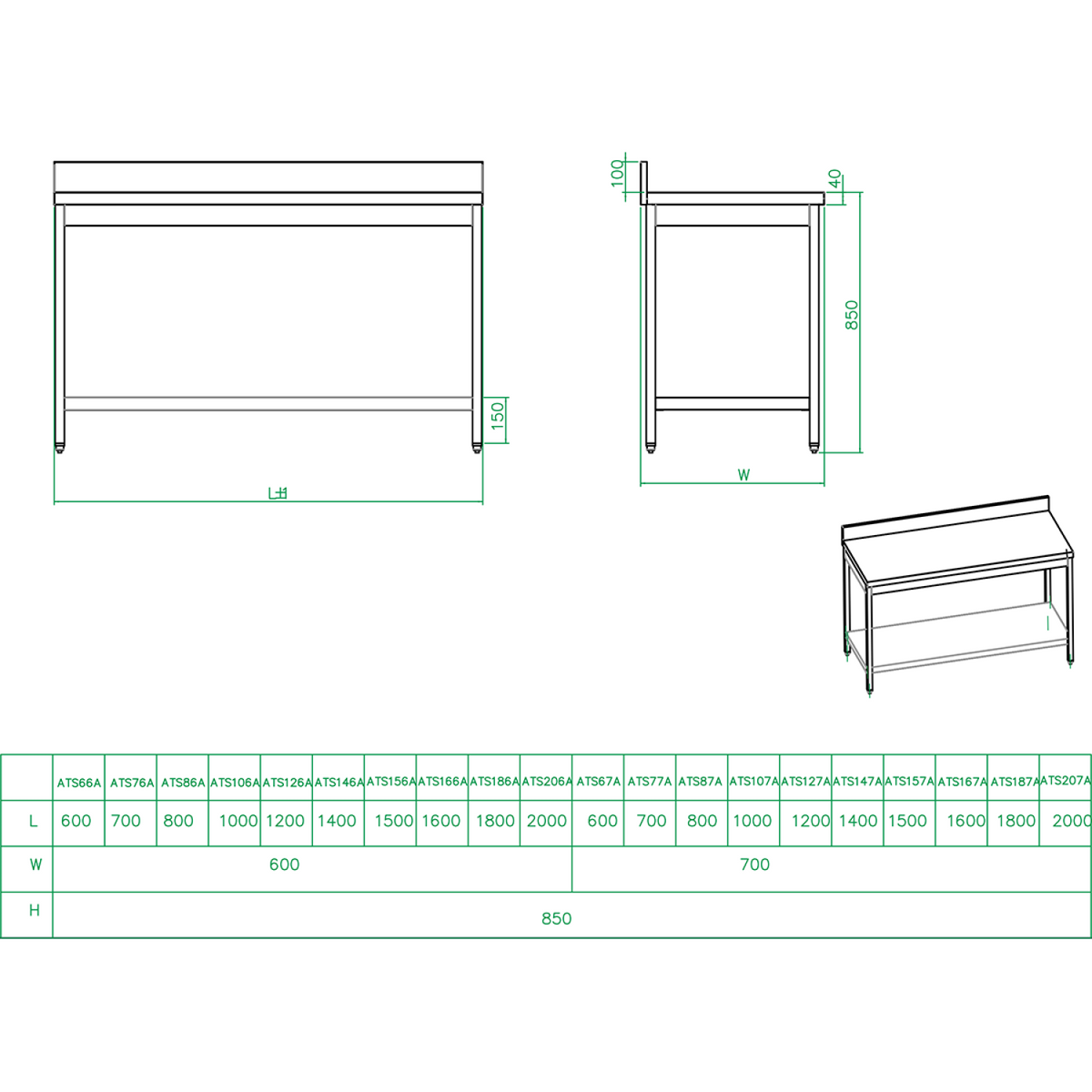 Professional Work table Stainless steel Bottom shelf Upstand 1400x700x900mm - THATS147A