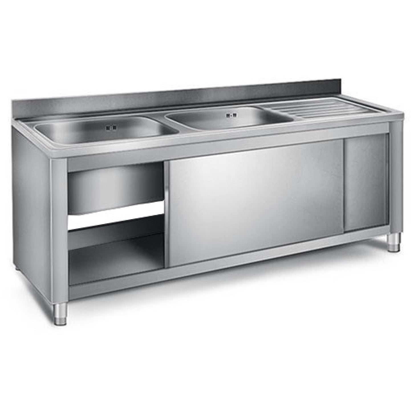 Commercial Sink with Cupboard Stainless steel 2 bowls Left Splashback Width 1400mm Depth 600mm - THSSR146BL2