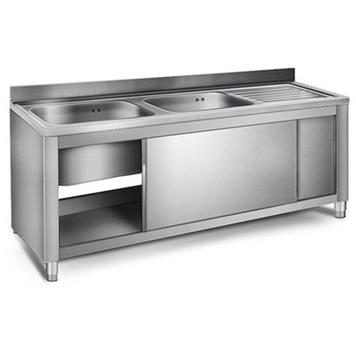 Commercial Sink with Cupboard Stainless steel 2 bowls Left Splashback Width 1400mm Depth 600mm - VSC146LBT
