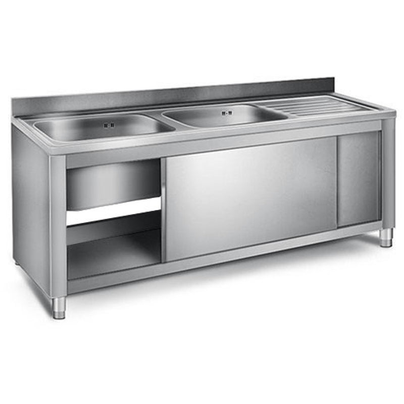 Commercial Sink with Cupboard Stainless steel 2 bowls Left Splashback Width 1800mm Depth 600mm - THSSR186BL2