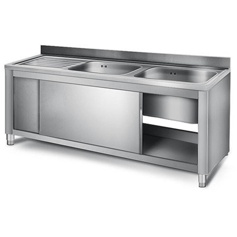 Commercial Sink with Cupboard Stainless steel 2 bowls Right Splashback Width 1400mm Depth 700mm - THSSR147BR2