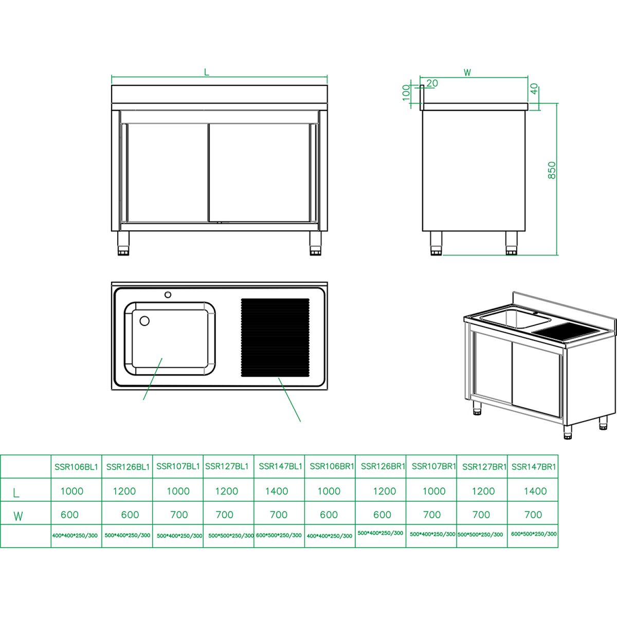 Commercial Sink with Cupboard Stainless steel 1 bowl Right Splashback Width 1000mm Depth 700mm - VSC107RBS