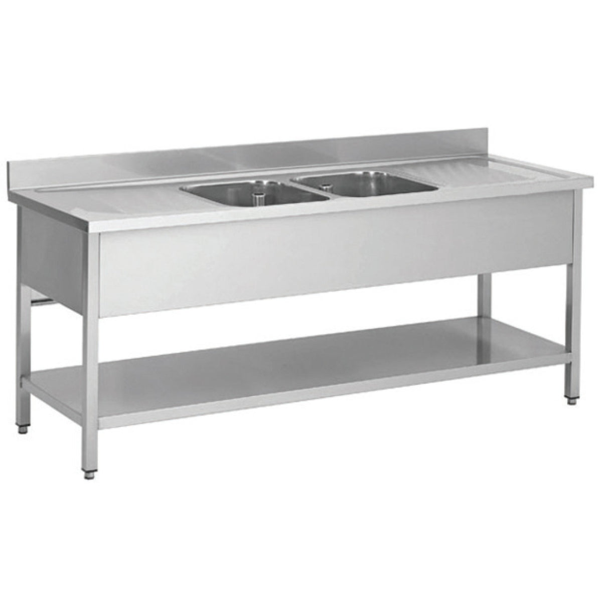 Commercial Sink Stainless steel 2 bowls Bottom shelf Splashback 2000mm Depth 700mm - VS207BT