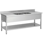 Commercial Sink Stainless steel 2 bowls Bottom shelf Splashback 2000mm Depth 700mm - VS207BT