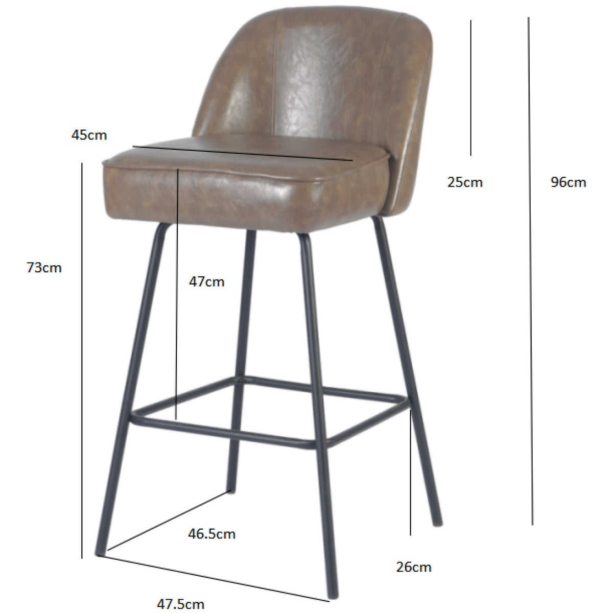 Brown Upholstered Bar Stool with Black Metal Frame 475×595×960mm - TJG206