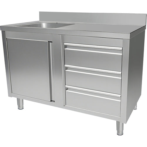 Commercial Sink with Cupboard and 3 Drawers Stainless Steel 1 Bowl Left Splashback 1200x600x950mm - VSC126LBS3RD