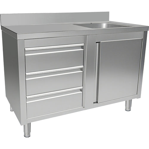 Commercial Sink with Cupboard and 3 Drawers Stainless Steel 1 Bowl Right Splashback 1200x600x950mm - VSC126RBS3LD