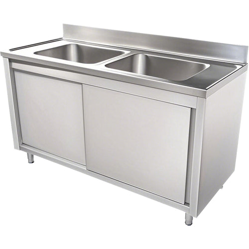 Commercial Stainless Steel Sink with Cupboard & Splashback 2 Bowls 1200x600x850mm - QNH1004