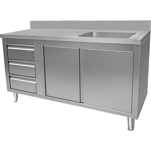 Commercial Sink with Cupboard and 3 Drawers Stainless Steel 1 Bowl Right Splashback 1500x600x950mm - VSC156RBS3LD